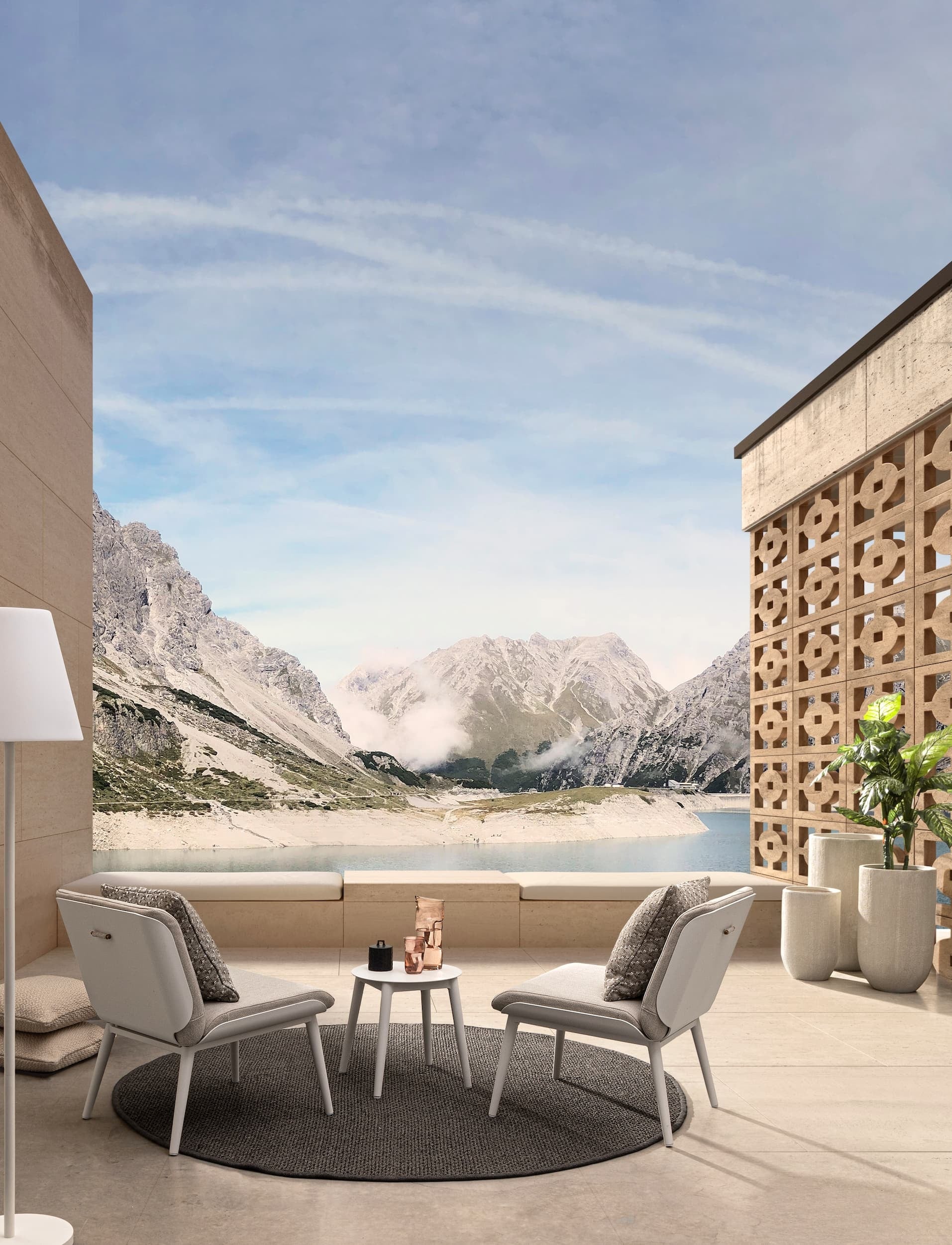 Set mobilier pentru gradina / terasa, Isabela Bej / Alb, 2 fotolii + masa de cafea (1)