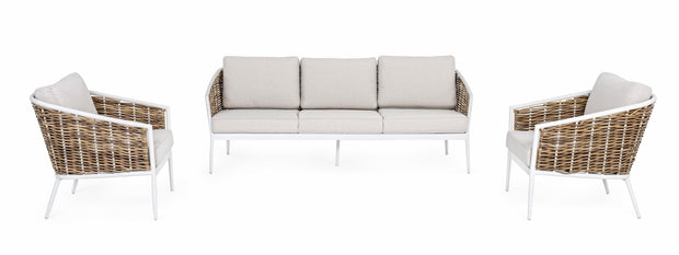 Set mobilier pentru gradina / terasa, Maribela Alb / Natural, canapea 3 locuri + 2 fotolii (3)