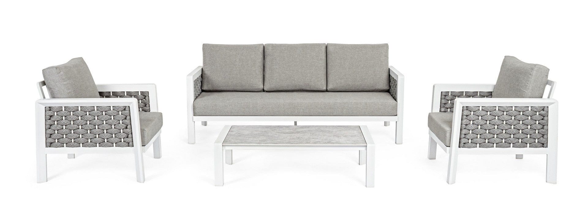 Set mobilier pentru gradina / terasa, Otavio Gri / Alb, 2 fotolii + canapea 3 locuri + masa de cafea (5)