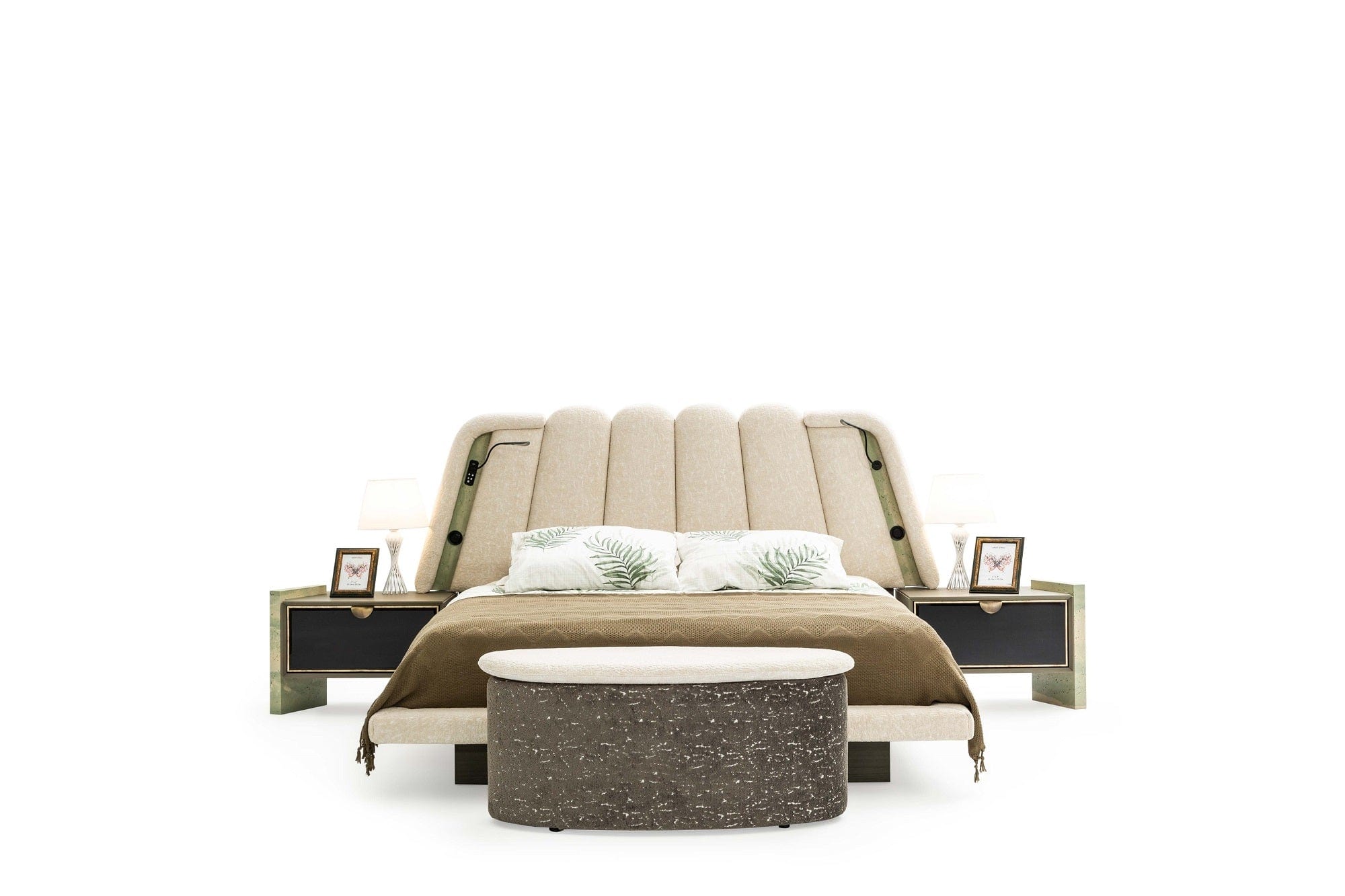 Candess Set Pat si banca tapitate cu stofa, LED inclus, cu pat 200 x 180 cm, Da Vinci Crem / Grej