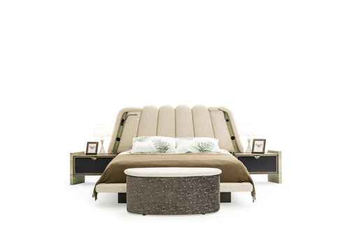 Candess Set Pat si banca tapitate cu stofa, LED inclus, cu pat 200 x 180 cm, Da Vinci Crem / Grej