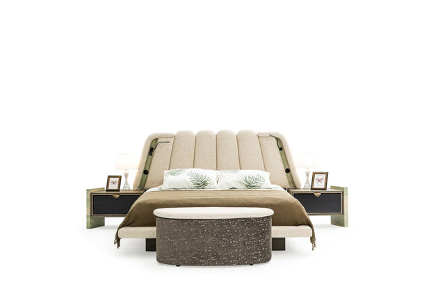 Candess Set Pat si banca tapitate cu stofa, LED inclus, cu pat 200 x 180 cm, Da Vinci Crem / Grej