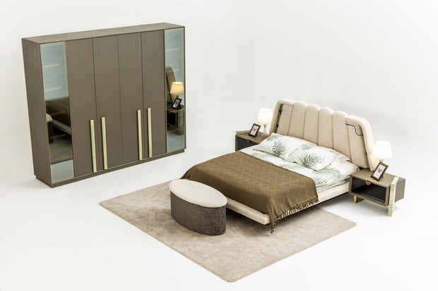 Candess Set Pat si banca tapitate cu stofa, LED inclus, cu pat 200 x 180 cm, Da Vinci Crem / Grej