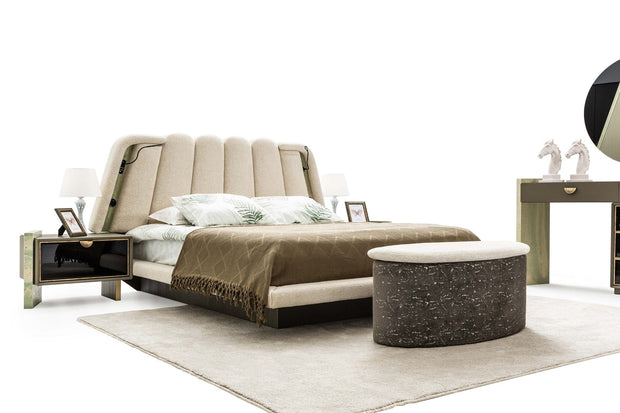 Candess Set Pat si banca tapitate cu stofa, LED inclus, cu pat 200 x 180 cm, Da Vinci Crem / Grej