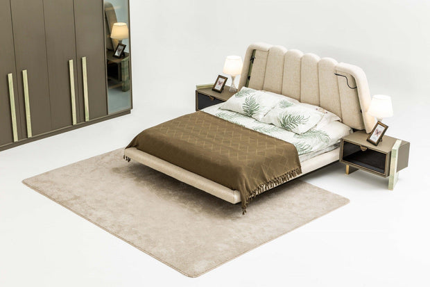 Candess Set Pat si banca tapitate cu stofa, LED inclus, cu pat 200 x 180 cm, Da Vinci Crem / Grej