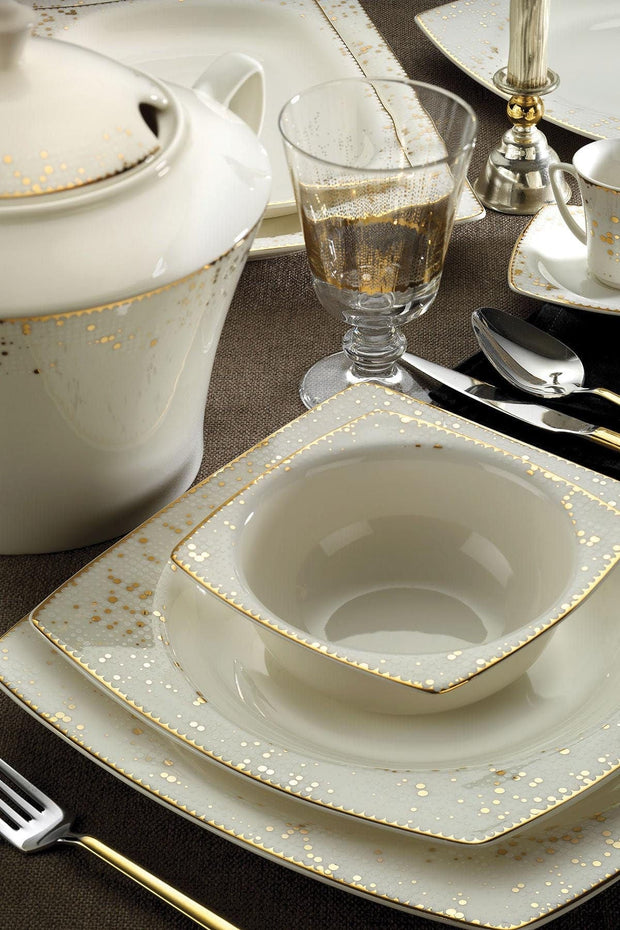 Asir Set vesela din ceramica, Benamir Auriu / Alb, 68 piese