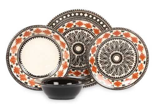 Asir Set vesela din nano portelan, Derrik Alb / Negru / Rosu, 24 piese