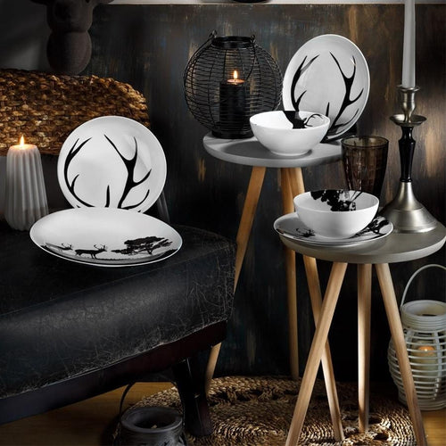 Asir Set vesela din portelan, Abbas Dinner Alb / Negru, 24 piese