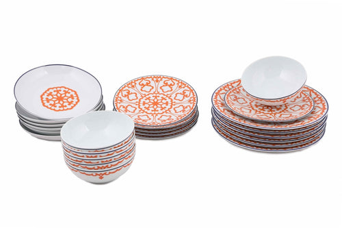 Asir Set vesela din portelan, Cas Dinner Alb / Portocaliu / Albastru, 24 piese