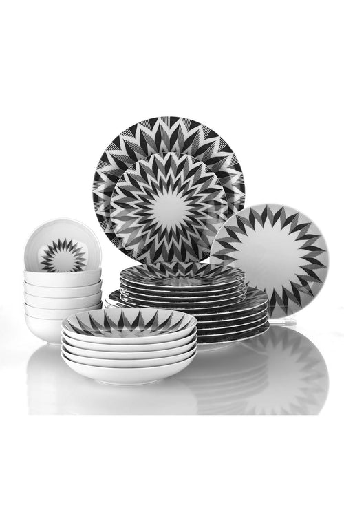 Asir Set vesela din portelan, Derby Alb / Negru, 24 piese