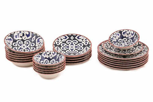 Asir Set vesela din portelan, Dericka Dinner Alb / Albastru / Maro, 24 piese