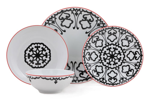 Asir Set vesela din portelan, Mandala Alb / Negru / Rosu, 24 piese