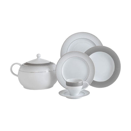 Asir Set vesela din portelan, Zandra Dinner Alb / Argintiu, 84 piese