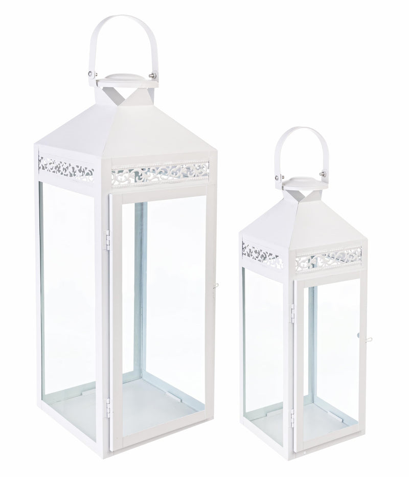 Set 2 felinare decorative din sticla si metal, Amarante Alb, L14,8xl14xH40 cm / L19,5xl18,5xH51 cm