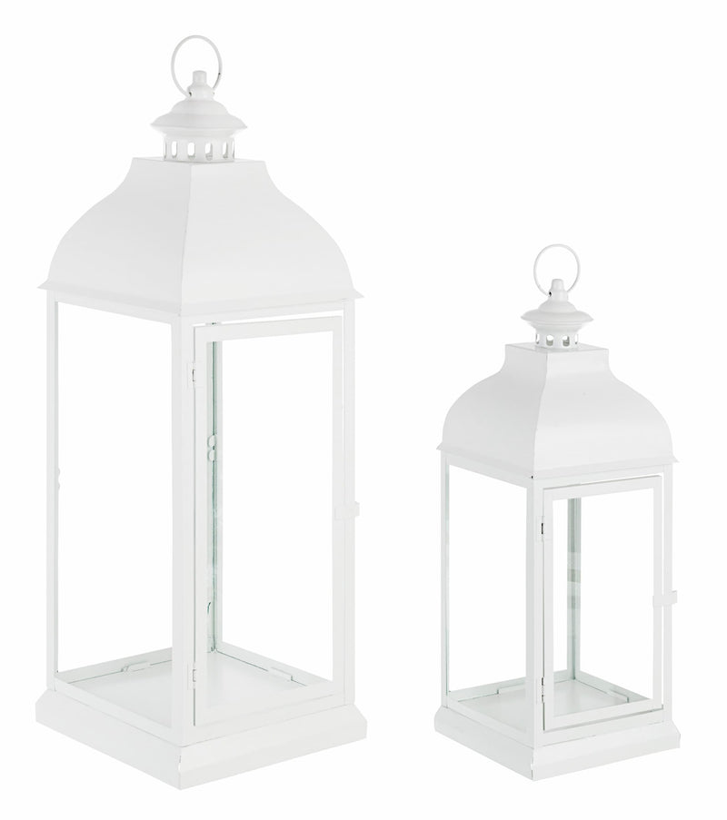 Set 2 felinare decorative din sticla si metal, Namir Alb, L19xl19xH50 cm / L25xl25xH70 cm