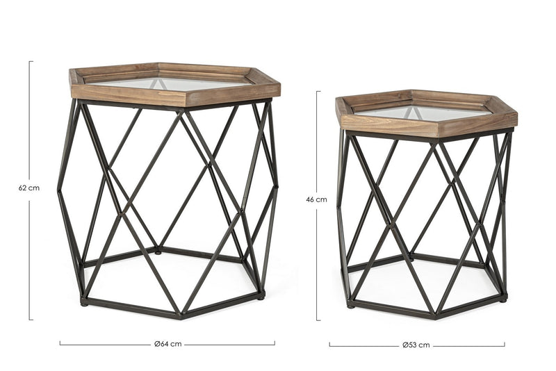 Set 2 mese de cafea din sticla, lemn de brad si metal Smith A Hexagonal Transparent / Natural / Negru, Ø64xH62 / Ø53xH46 cm (4)