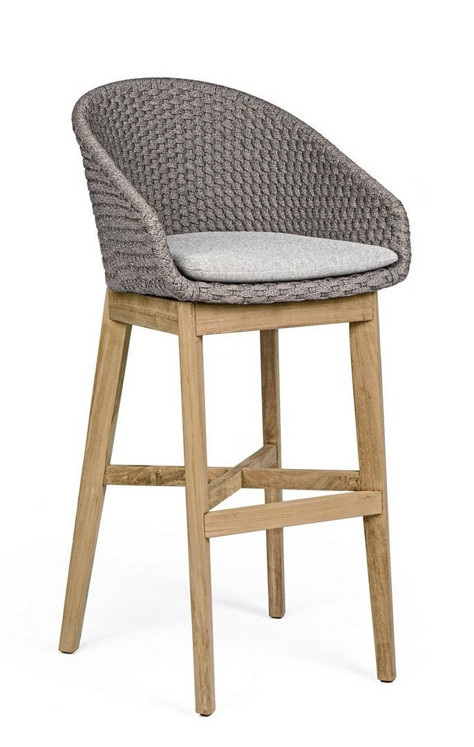 Set 2 scaune de bar pentru terasa, din material textil si lemn de tec, Coachella Gri Deschis / Natural, l56xA57xH110 cm (5)