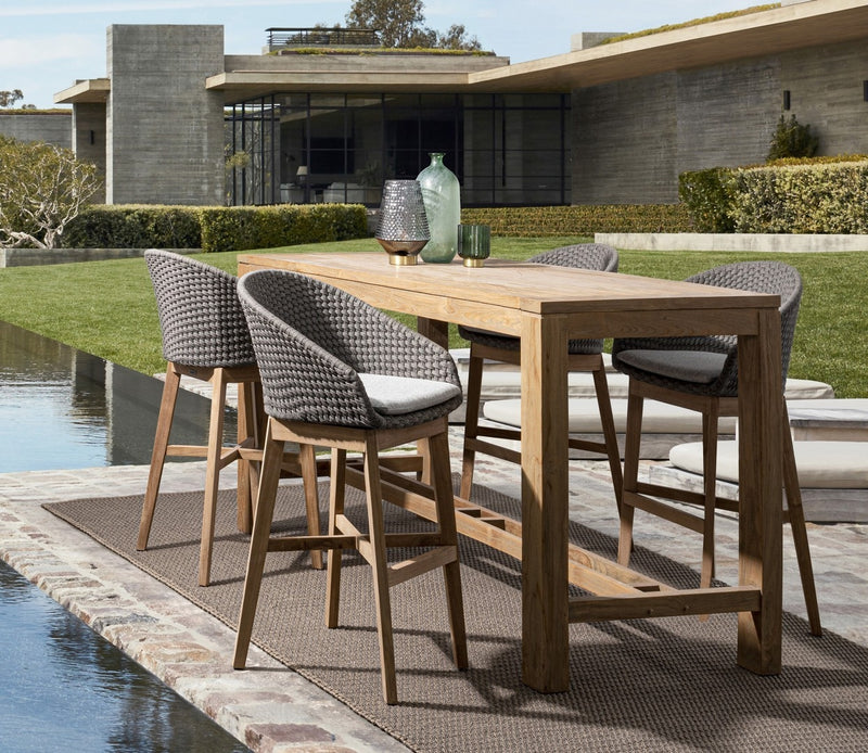 Set 2 scaune de bar pentru terasa, din material textil si lemn de tec, Coachella Gri Deschis / Natural, l56xA57xH110 cm (2)