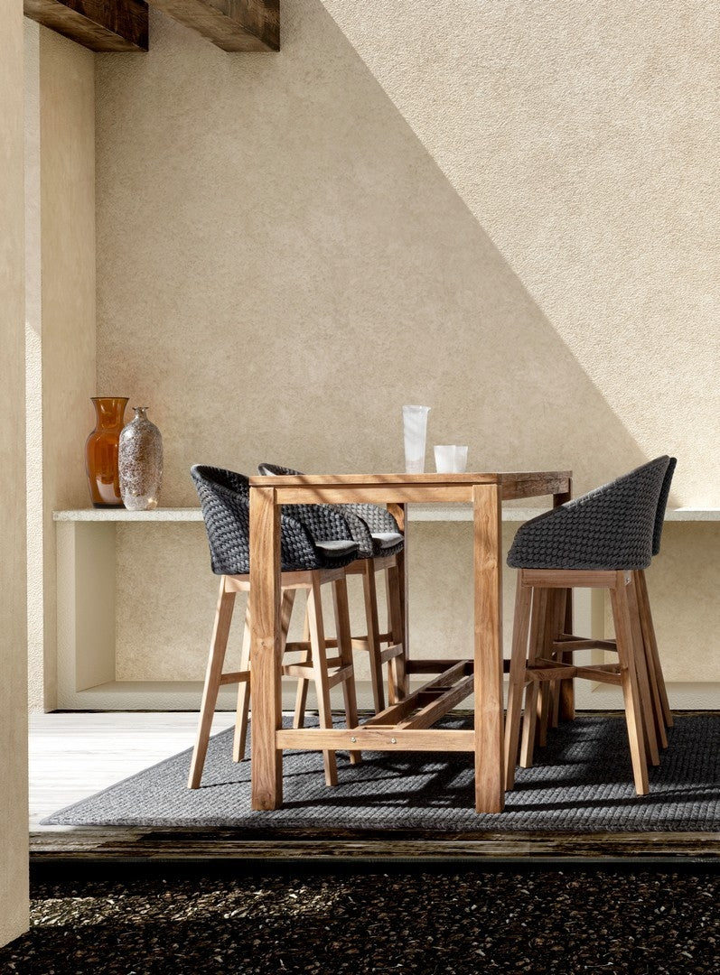 Set 2 scaune de bar pentru terasa, din material textil si lemn de tec, Coachella Gri Deschis / Natural, l56xA57xH110 cm (1)