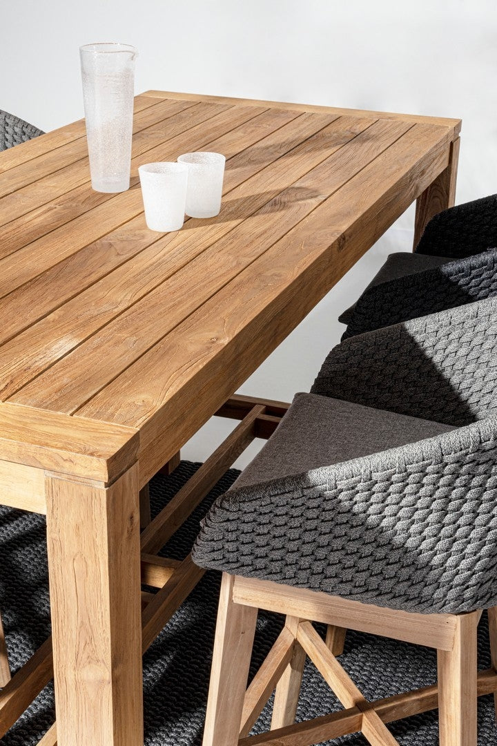 Set 2 scaune de bar pentru terasa, din material textil si lemn de tec, Coachella Gri Deschis / Natural, l56xA57xH110 cm (3)