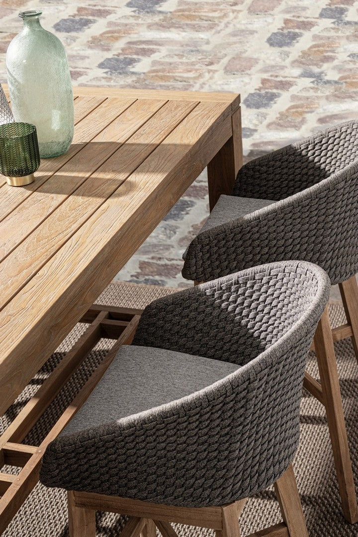 Set 2 scaune de bar pentru terasa, din material textil si lemn de tec, Coachella Gri Deschis / Natural, l56xA57xH110 cm (4)