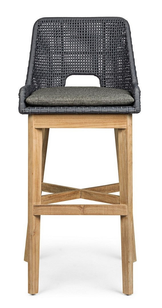 Set 2 scaune de bar pentru terasa, din material textil si lemn de tec, Hesperia Gri / Natural, l49xA57xH112 cm (6)