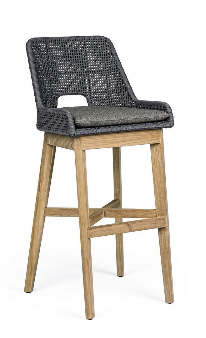 Set 2 scaune de bar pentru terasa, din material textil si lemn de tec, Hesperia Gri / Natural, l49xA57xH112 cm (5)