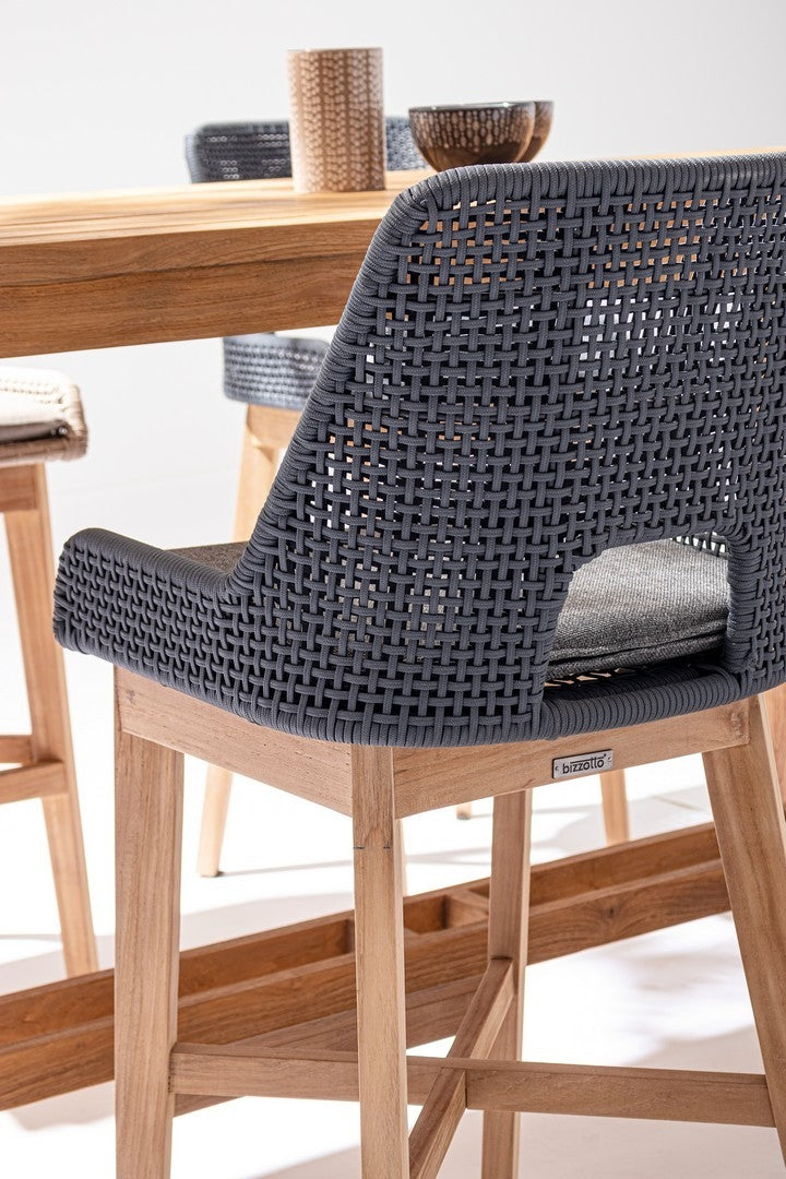 Set 2 scaune de bar pentru terasa, din material textil si lemn de tec, Hesperia Gri / Natural, l49xA57xH112 cm (4)