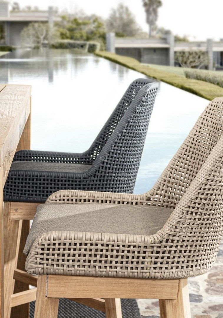 Set 2 scaune de bar pentru terasa, din material textil si lemn de tec, Hesperia Gri / Natural, l49xA57xH112 cm (3)