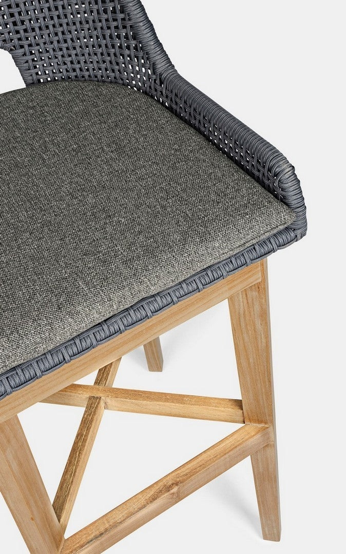 Set 2 scaune de bar pentru terasa, din material textil si lemn de tec, Hesperia Gri / Natural, l49xA57xH112 cm (10)