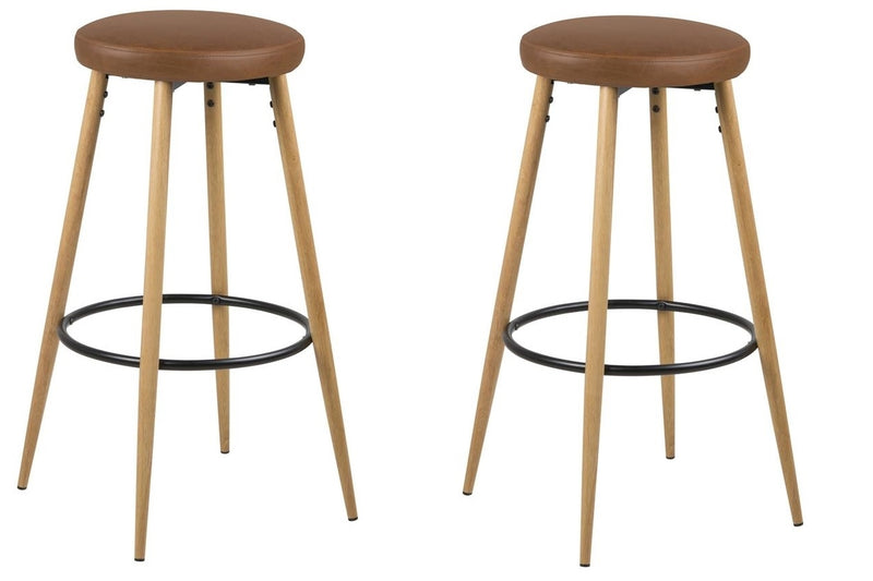 Set 2 scaune de bar tapitate cu piele ecologica si picioare din lemn Hector Maro / Stejar, Ø41xH77 cm