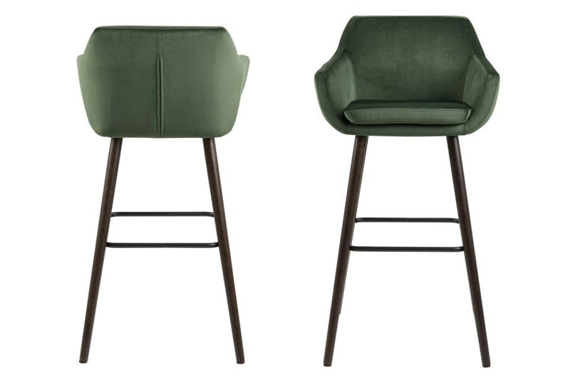 Set 2 scaune de bar tapitate cu stofa si picioare din lemn Nora Velvet Verde / Maro Inchis, l55xA54xH101 cm (2)