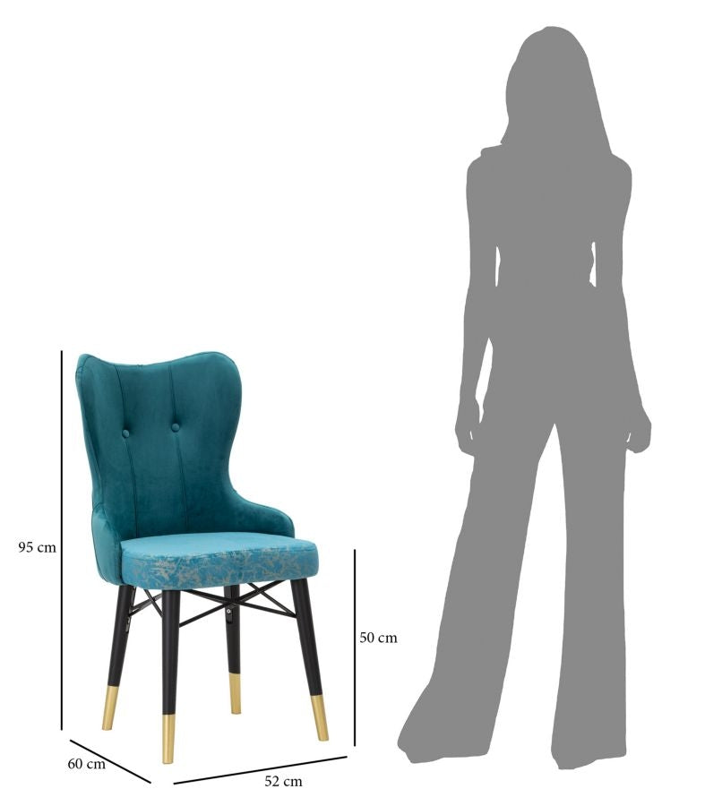 Set 2 scaune tapitate cu stofa si picioare din lemn Kelebek Velvet Teal / Negru / Auriu, l52xA60xH95 cm (9)
