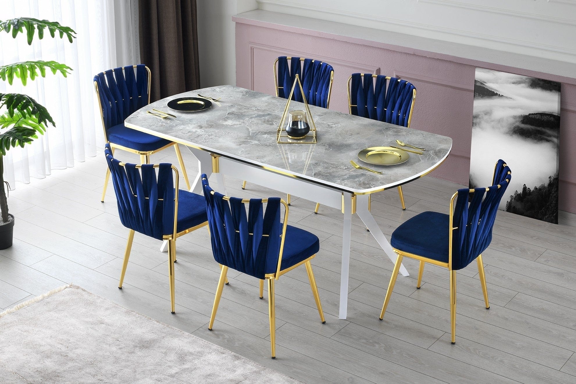 Set 2 scaune tapitate cu stofa si picioare metalice, Kusa 142 Velvet Bleumarin / Auriu, l43xA43xH82 cm (1)