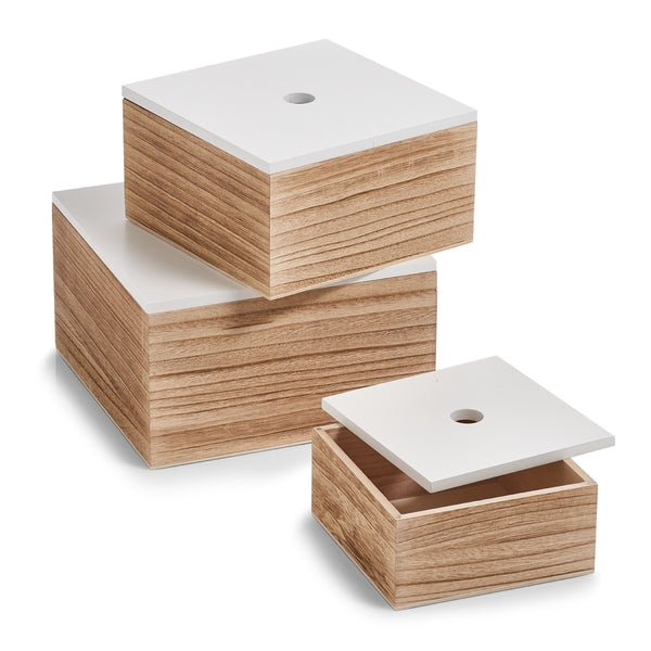 Set 3 cutii pentru depozitare cu capac, din lemn, Storage Square Alb / Natural, L16xl16xH8 / L20xl20xH11,2 / L24xl24xH14 cm