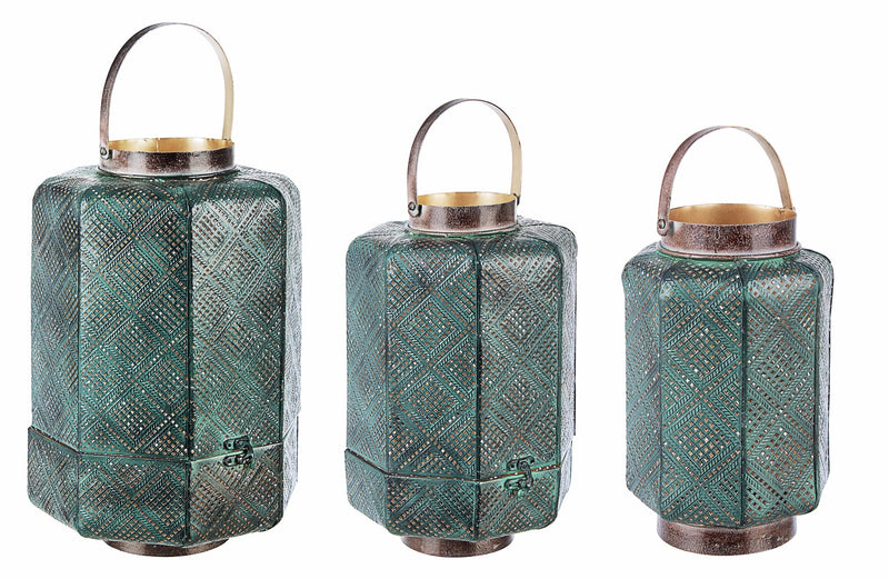Set 3 felinare decorative din metal, Zaliki Round Verde, Ø14,5xH22,5 cm / Ø19,5xH31 cm / Ø25xH38,5 cm