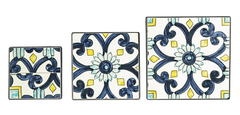 Set 3 masute suport flori din ceramica si metal, Positano Square Multicolor / Negru, L28xl28xH68 cm / L23xl23xH57 cm / L18xl18xH51 cm (1)