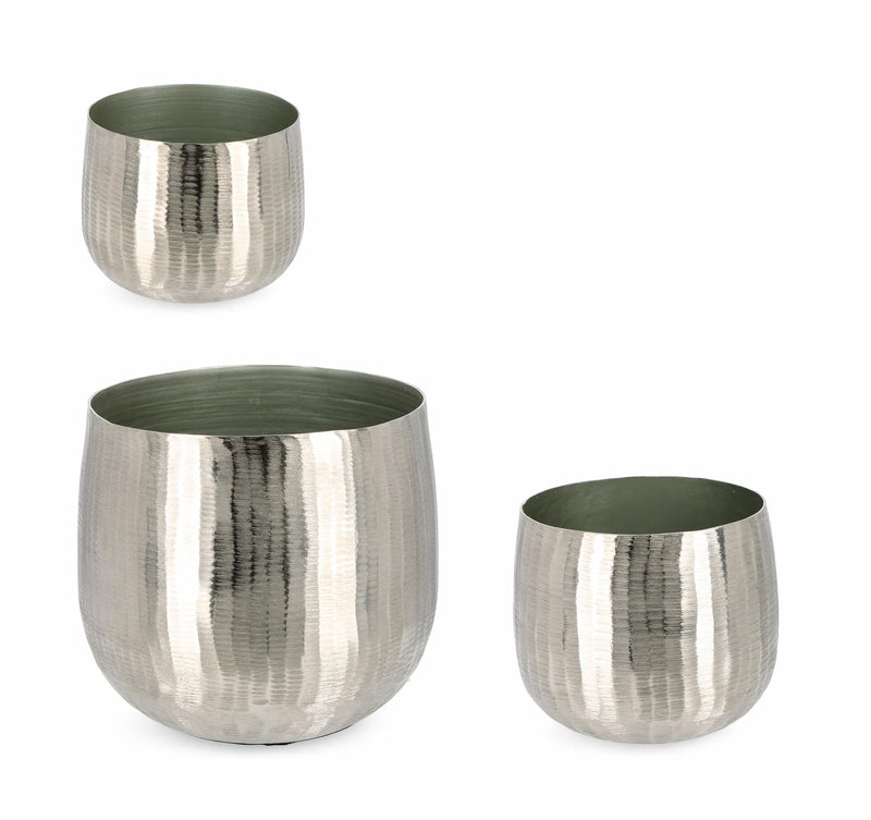 Set 3 suporturi ghivece decorative din aluminiu, Chisel Round Argintiu, Ø29xH25 / Ø20xH17,5 / Ø17xH14,5 cm