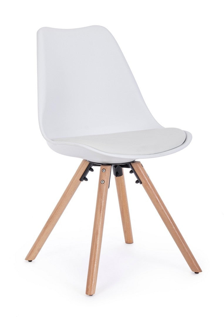 Set 4 scaune din plastic cu sezut tapitat cu piele ecologica si picioare din lemn, New Trend Alb / Natural, l54xA49xH83,5 cm (1)