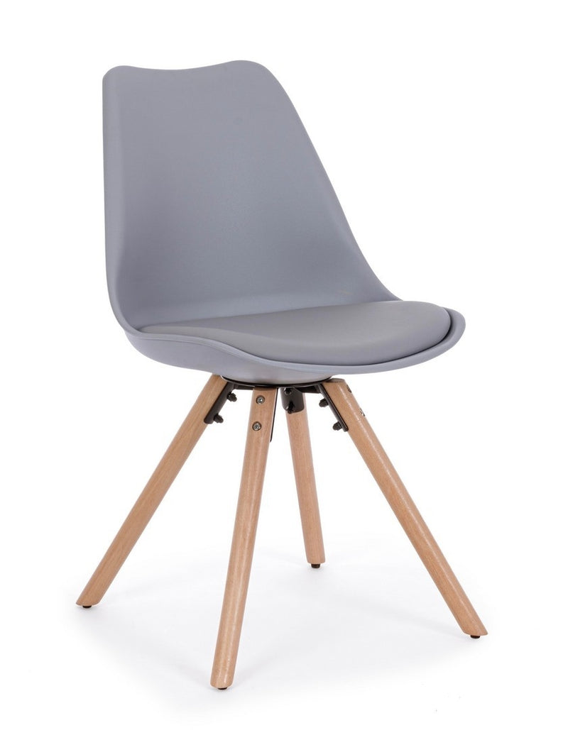 Set 4 scaune din plastic cu sezut tapitat cu piele ecologica si picioare din lemn, New Trend Gri / Natural, l54xA49xH83,5 cm (1)