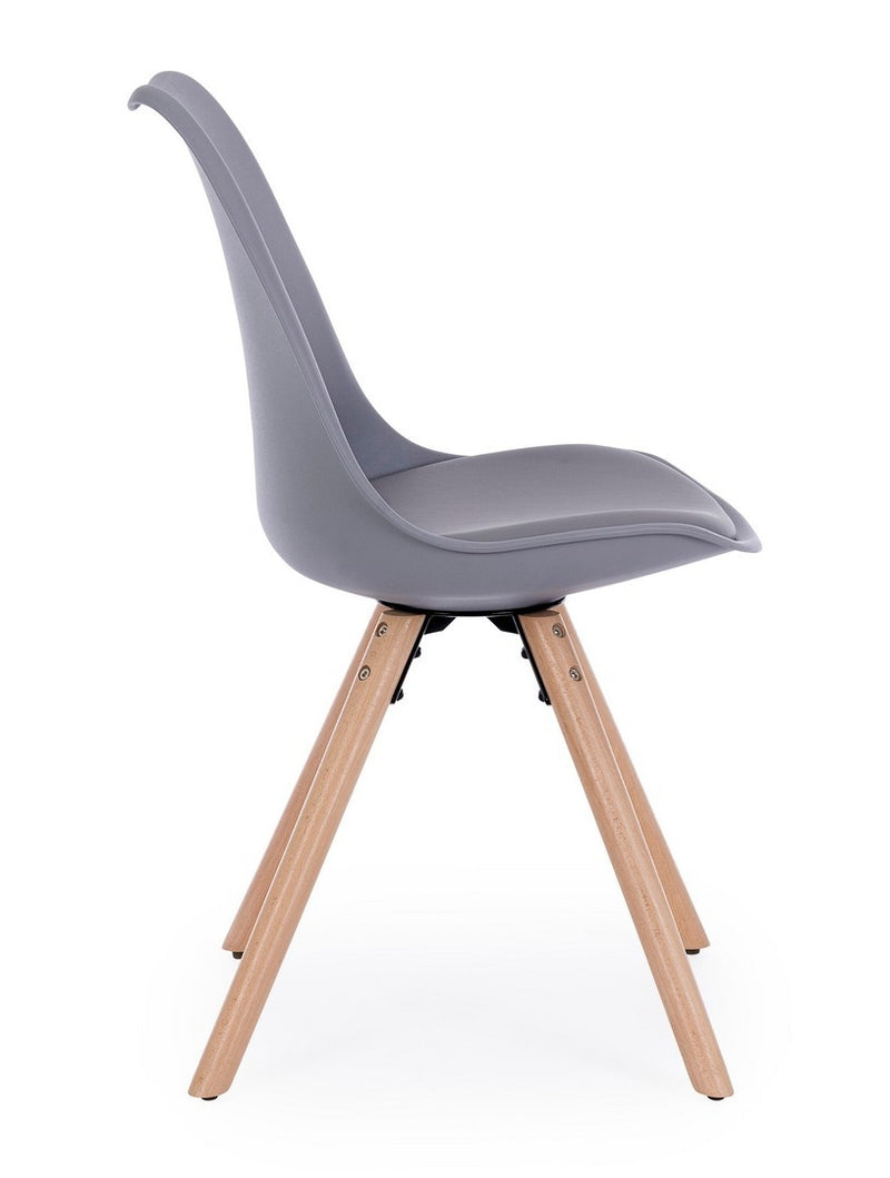 Set 4 scaune din plastic cu sezut tapitat cu piele ecologica si picioare din lemn, New Trend Gri / Natural, l54xA49xH83,5 cm (4)