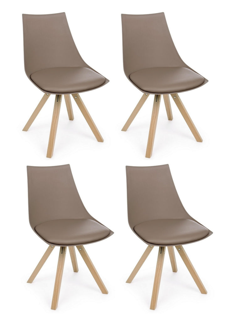 Set 4 scaune din plastic, sezut tapitat cu piele ecologica si picioare din lemn, Mayer Grej / Natural, l53xA47,5xH78,5 cm
