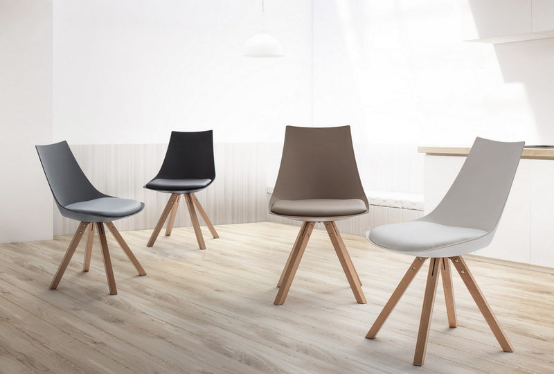 Set 4 scaune din plastic, sezut tapitat cu piele ecologica si picioare din lemn, Mayer Grej / Natural, l53xA47,5xH78,5 cm (1)