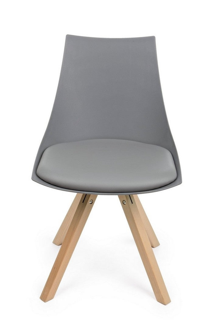 Set 4 scaune din plastic, sezut tapitat cu piele ecologica si picioare din lemn, Mayer Gri / Natural, l53xA47,5xH78,5 cm (4)