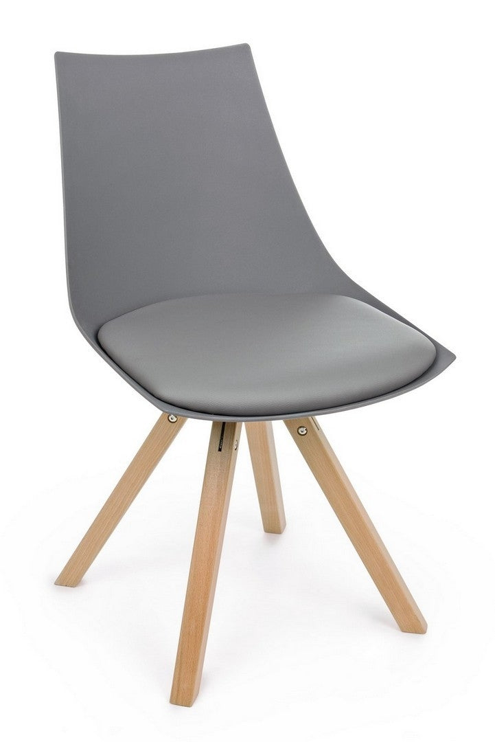 Set 4 scaune din plastic, sezut tapitat cu piele ecologica si picioare din lemn, Mayer Gri / Natural, l53xA47,5xH78,5 cm (2)
