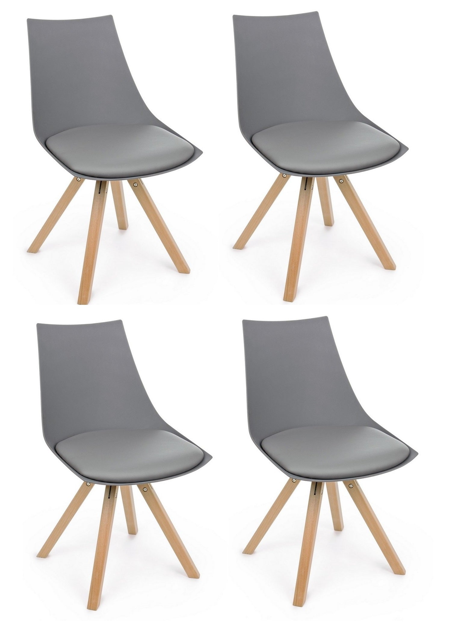 Set 4 scaune din plastic, sezut tapitat cu piele ecologica si picioare din lemn, Mayer Gri / Natural, l53xA47,5xH78,5 cm
