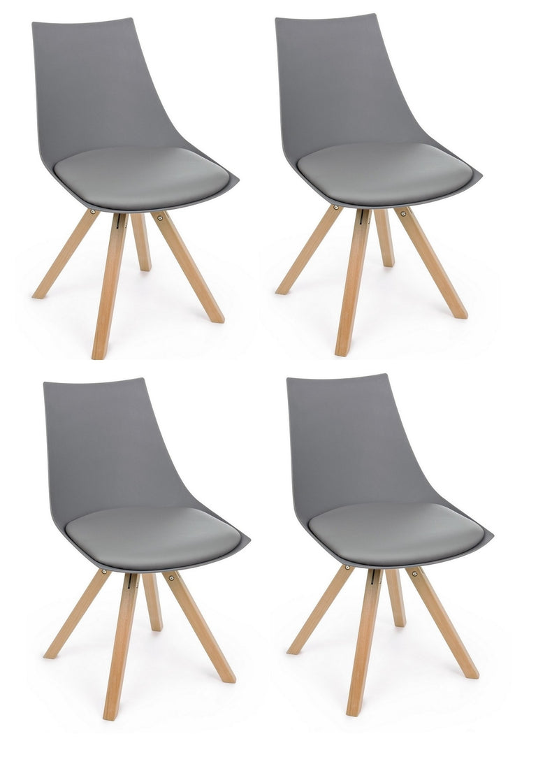 Set 4 scaune din plastic, sezut tapitat cu piele ecologica si picioare din lemn, Mayer Gri / Natural, l53xA47,5xH78,5 cm