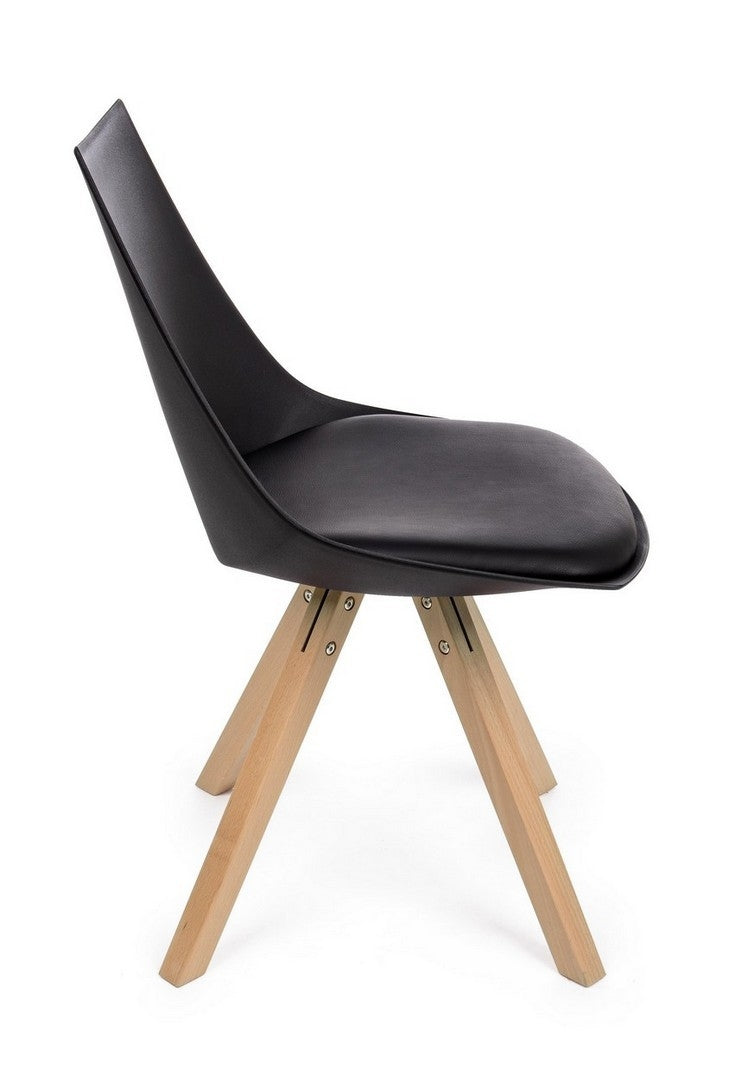 Set 4 scaune din plastic, sezut tapitat cu piele ecologica si picioare din lemn, Mayer Negru / Natural, l53xA47,5xH78,5 cm (4)