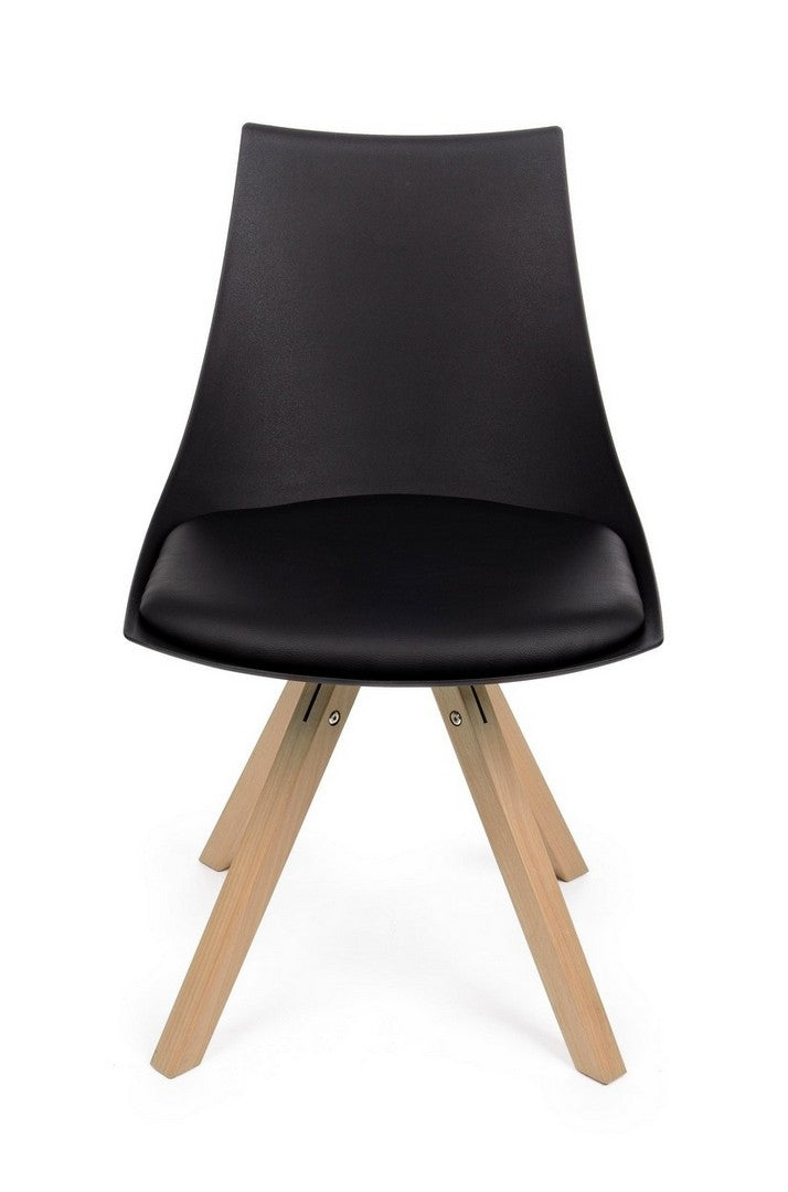 Set 4 scaune din plastic, sezut tapitat cu piele ecologica si picioare din lemn, Mayer Negru / Natural, l53xA47,5xH78,5 cm (3)