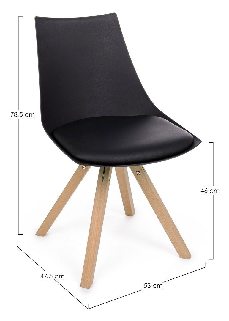 Set 4 scaune din plastic, sezut tapitat cu piele ecologica si picioare din lemn, Mayer Negru / Natural, l53xA47,5xH78,5 cm (5)
